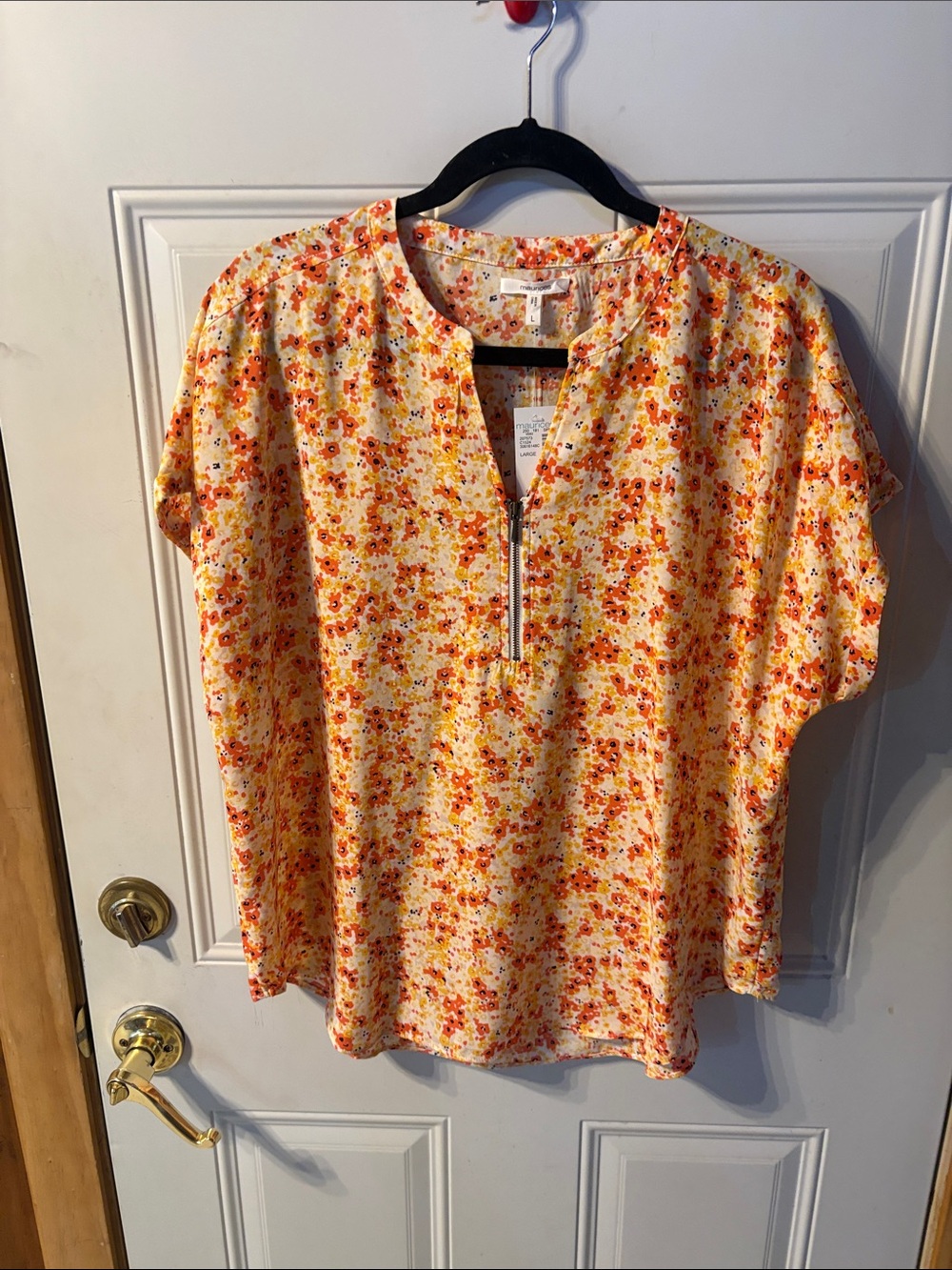 Maurices Bew With Tag Yellow Floral Zip-Front Blouse with Orange Accents Size L